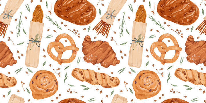 Watercolor flat cartoon style bakery seamless pattern with illustration of bakery product isolated on white background. Bakery shop design. Organic bread, baguette, pecan, croissant, bun, pretzel