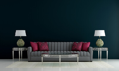Modern cozy living room design, blue wall mockup, 3d render