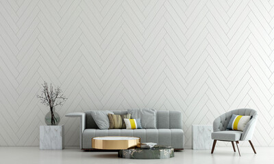 Modern cozy living room design, bright wall mockup, 3d render