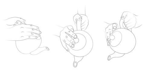 Hands pouring tea from teapot vector sketch set. Teapot from different sides.