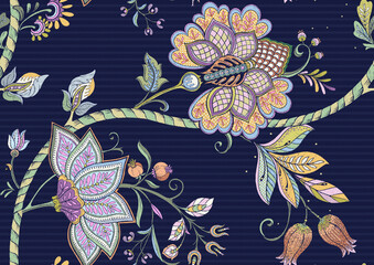 Seamless pattern with stylized ornamental flowers in retro, vintage style. Jacobin embroidery. Colored vector illustration on black background.