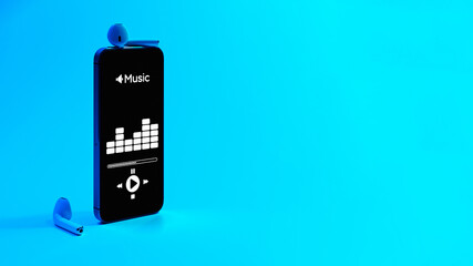 Music background. Mobile smartphone screen with music application, sound headphones. Audio voice with radio beats on blue gradient. Recording studio or podcasting banner with copy space.
