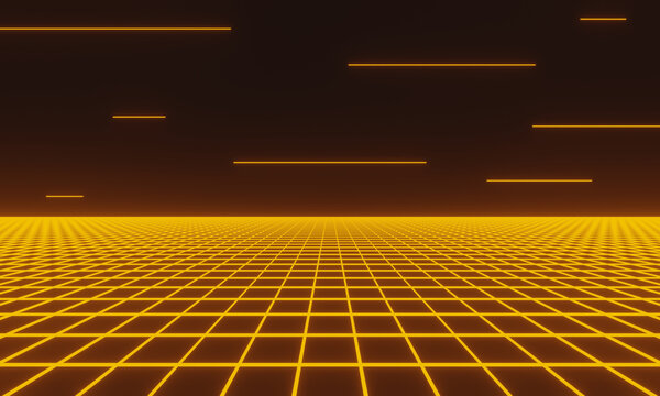3D abstract retro background. Yellow grid lines.