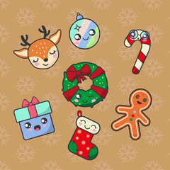 Christmas kawaii stickers set Deer Candy Cane Ginger Cookie Wreath Gift Box Sock Bauble