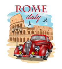 Rome typography for t-shirt print with Colosseum and retro car.Vintage poster.
