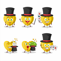 A yellow love candy Magician cartoon character perform on a stage