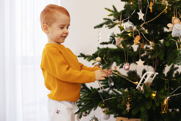 A boy with red hair is decorating a Christmas tree