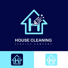 Modern Simple Cleaning Service, House Care and Maintenance Business Logo Design Idea with Initial H Letter on Home and Brush Sparkling
