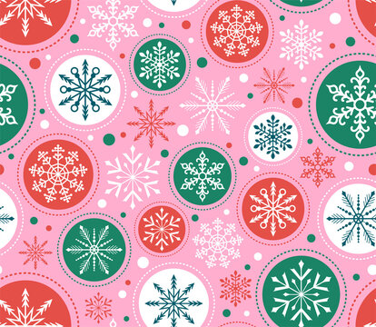 Seamless Christmas Snowflake pattern. Red, green, pink ornaments background