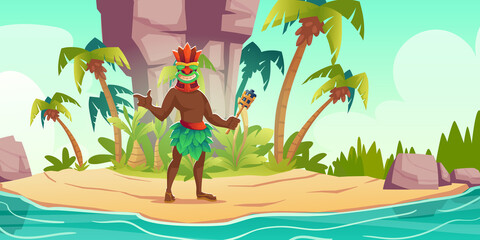 Tiki man in mask holding torch in hand on tropical island, aboriginal native male character with tribal wooden totem, hawaiian or polynesian personage with toothy face Cartoon vector illustration - obrazy, fototapety, plakaty