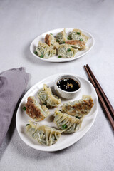 Gyoza is Japanese dumplings with chicken and vegetables.