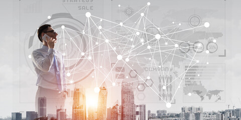 Concept of business success and control with confident boss against cityscape background