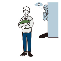 お金を狙う悪い人と、警戒する男性のイメージイラスト