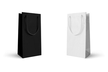 Paper Shopping Bags collection isolated on white background. 3d rendering. Blank white and black shopping bags mockup template with rope handles. zero waste and eco friendly concept.