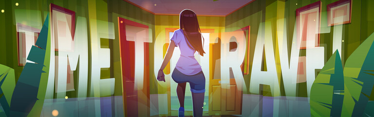 Time to travel poster with woman runs off from home. Vector banner of vacation and journey concept with cartoon illustration of hurry girl running to open door in house corridor