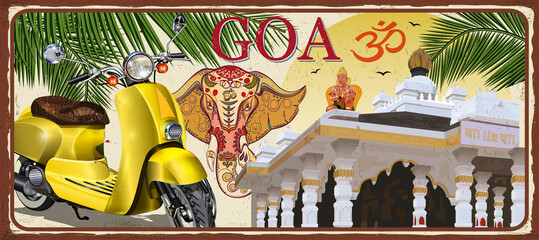 Goa,India vintage metal sign with retro scooter, vector illustration.
 - obrazy, fototapety, plakaty