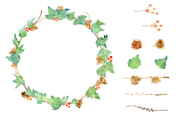 Watercolor painting of a wreath with ivy, pine cones and red berries. - obrazy, fototapety, plakaty