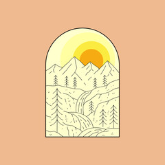 Fototapeta premium view of mountains and terraced waterfall in mono line art, patch badge design, emblem design, T-Shirt Design