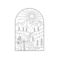 hiking, camping man and mountain waterfall illustration in mono line art, patch badge design, emblem design, T-Shirt Design