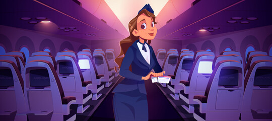 Stewardess with ticket inside airplane cabin. Woman air hostess check boarding pass. Vector cartoon illustration of plane interior with empty chairs and girl in professional uniform with flight coupon