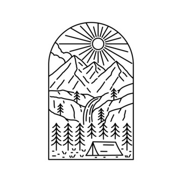 recommend clip art: Camping under mountains and cascading waterfalls in mono line art, patch badge design, emblem design, T-Shirt Design