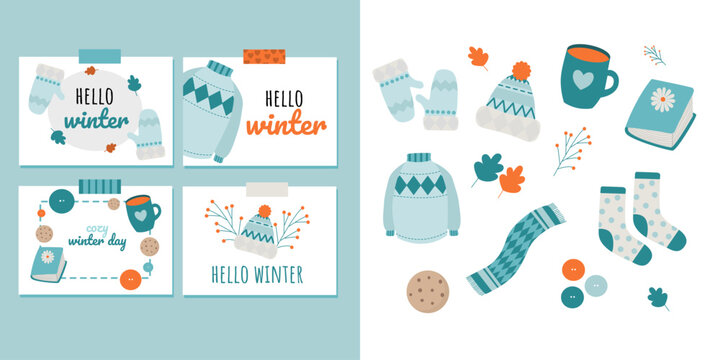 set of winter elements with hello winter postcard design vector