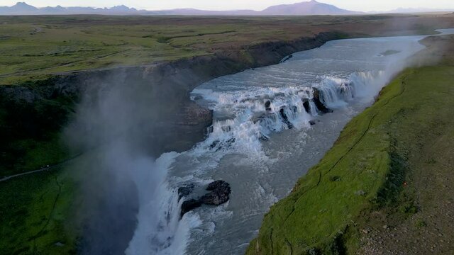 Beautiful cinematic aerial view of Iceland Gullfoss waterfall in the Golden Circule