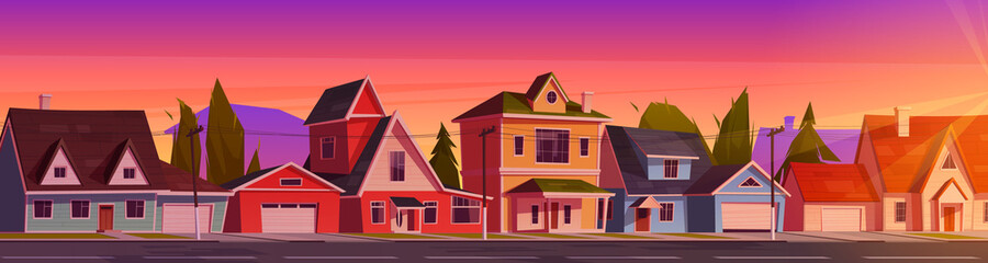 Suburb houses at beautiful sunset landscape, suburban street with residential cottages, countryside two storey buildings with garages under dusk evening sky, home facades. Cartoon vector illustration