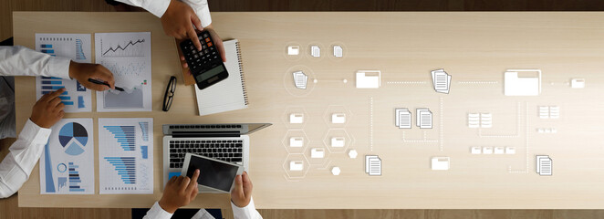 Businessman manage files documentation working modern computer Document Management System  transfer...
