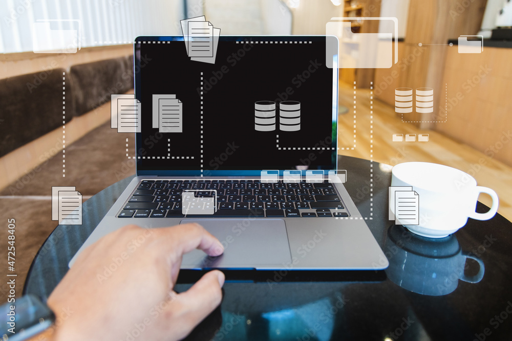 Poster businessman manage files documentation working modern computer document management system transfer f