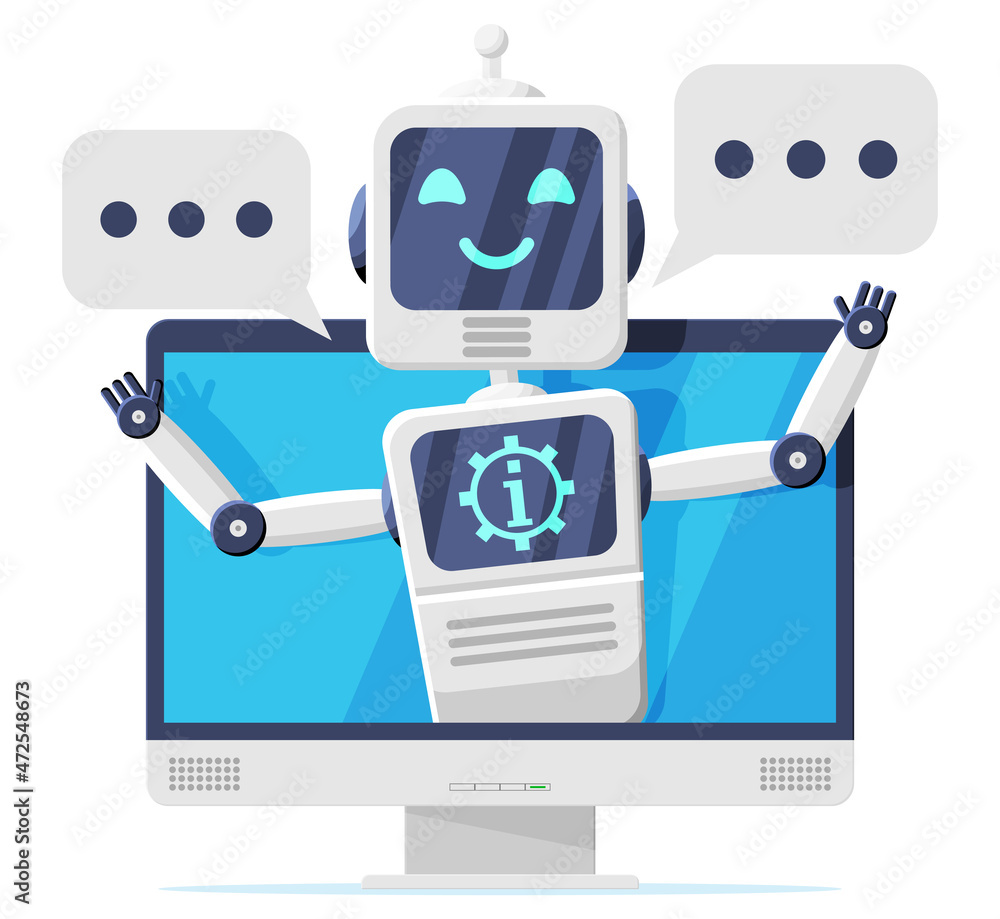 Poster Computer with Chat Bot Speak in Bubble on Screen.