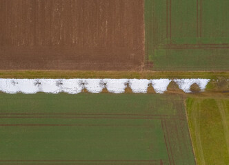 Undecided nature in transition between winter and autumn. A field from above with colors and parts of white snow.