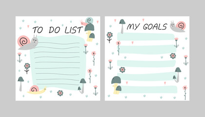 Planner. Cute snail cartoon notebook sheet, to do list and goals template, poster for kids, garden character childish stationery design with botanical elements, pastel colors, vector concept