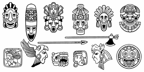 Set of hand drawn maya ancient symbol isolated on white background. - obrazy, fototapety, plakaty