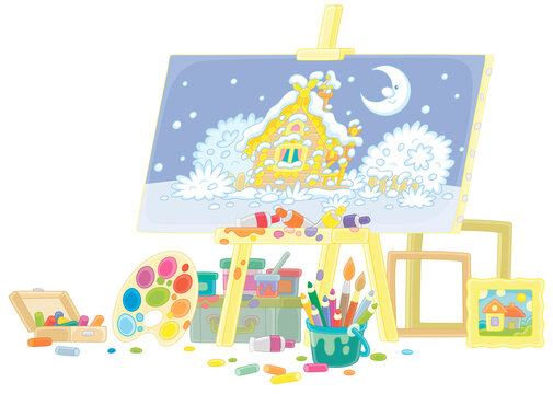 painting easel with winter scene, art supplies clip art preview