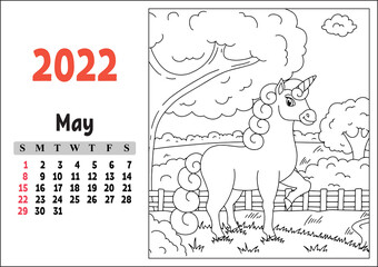 Calendar for 2022 with a cute character. Fairy unicorn. Coloring page. Fun and bright design. Isolated color vector illustration. cartoon style.