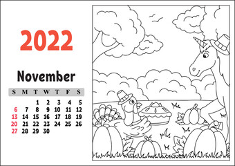 Calendar for 2022 with a cute character. Fairy unicorn. Coloring page. Fun and bright design. Isolated color vector illustration. cartoon style.