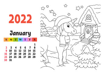Calendar for 2022 with a cute character. Fairy unicorn. Coloring page. Fun and bright design. Isolated color vector illustration. cartoon style.