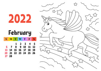 Fototapeta premium Calendar for 2022 with a cute character. Fairy unicorn. Coloring page. Fun and bright design. Isolated color vector illustration. cartoon style.