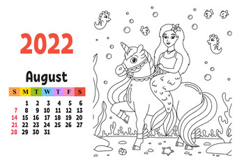 Obraz premium Calendar for 2022 with a cute character. Fairy unicorn. Coloring page. Fun and bright design. Isolated color vector illustration. cartoon style.