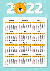 Calendar for 2022 with a cute tiger symbol of the new year. Fun and bright design. Isolated color vector illustration. cartoon style.