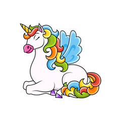 Cute unicorn with wings. Magic fairy horse. Cartoon character. Colorful vector illustration. Isolated on white background. Design element.