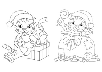 Set of cute Christmas tiger cubs with gifts. Coloring book page for kids. Cartoon style character. Vector illustration isolated on white background.