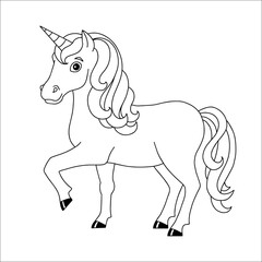 Cute unicorn. Magic fairy horse. Coloring book page for kids. Cartoon style. Vector illustration isolated on white background.