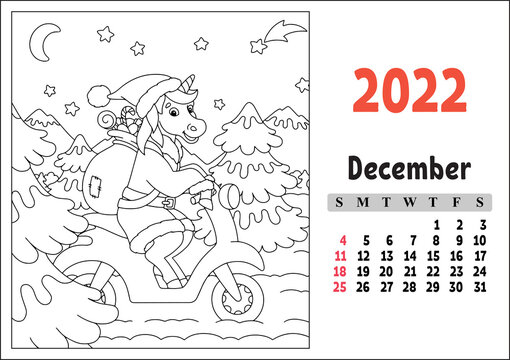 Calendar for 2022 with a cute character. Fairy unicorn. Coloring page. Fun and bright design. Isolated color vector illustration. cartoon style.