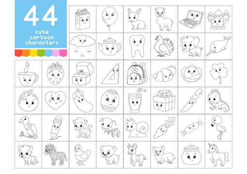 A large set of coloring books for children. Cute cartoon characters. Pages for coloring. Christmas, summer, animals, vegetables, food. Vector illustration isolated on white background.
