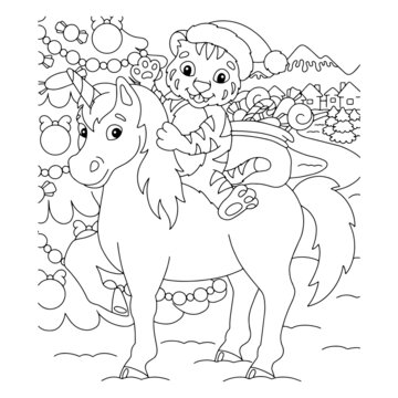 A tiger cub riding a unicorn carries gifts. Coloring book page for kids. Cartoon style character. Vector illustration isolated on white background.