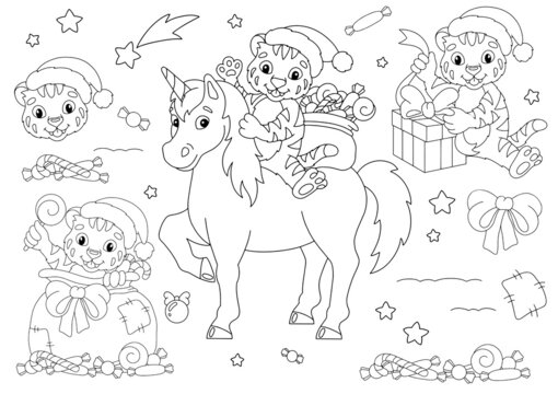 Set of naughty Christmas tiger cubs. Coloring book page for kids. Cartoon style character. Vector illustration isolated on white background.