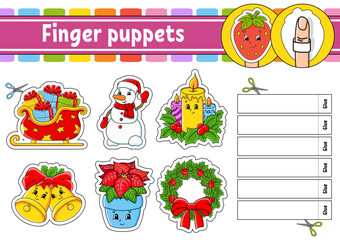 Fototapeta premium Finger puppets. Activity Game for kids. Cute characters. Cartoon style. Christmas theme. Color vector illustration.
