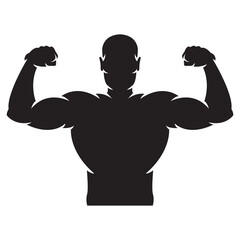 Bodybuilder strong man. Black silhouette. Design element. Vector illustration isolated on white background. Template for books, stickers, posters, cards, clothes.